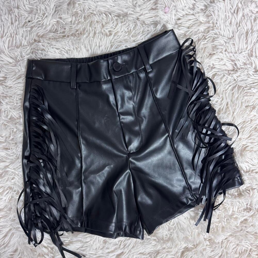 Black faux leather fringe shorts